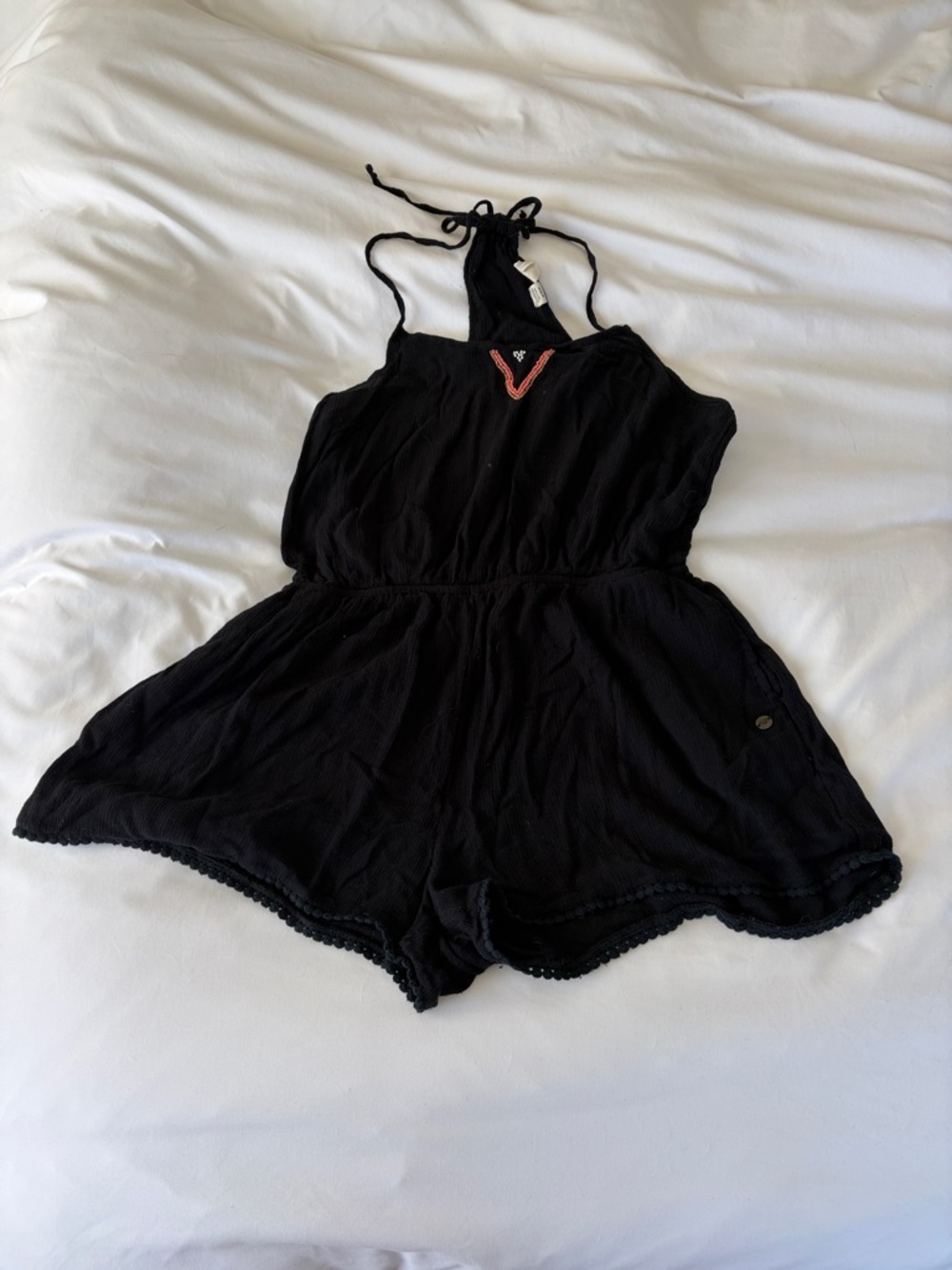 Roxy Black Halter Romper with Coral Accent